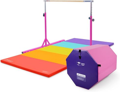 Kangaroo Hoppers Gymnastics Bar Set for Home Gym Exercise, 4×8 FT Gymnastics Mat and Octagon Tumble or Incline Wedge Cheese Mat for Kids Tumbling, Skill Training in Saudi Arabia