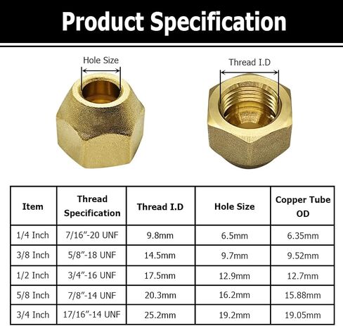 Hooshing 1/2" Brass Flare Nut, 6PCS SAE 45 Degree Flare Tube Fittings for Air Conditioning Copper Pipe Extension Butt in Saudi Arabia