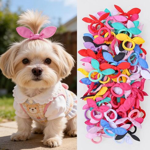 XIMA Dog Hair Accessories Set, 100 Pieces Colorful Rabbit Ear Hair Ties with Elastic Bands, Pet Grooming Bows for Dogs in Saudi Arabia