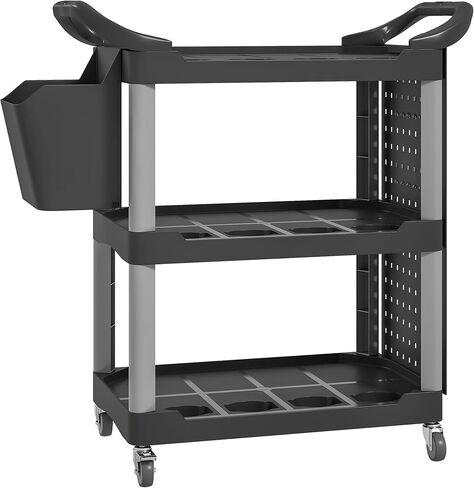 HOMCOM 3 Tier Utility Cart on Wheels, Rolling Tool Storage with Pegboards and Bucket, 200 LBS Load Capacity Plastic Service Cart for Garage, Warehouse, Workshop, Black in Saudi Arabia