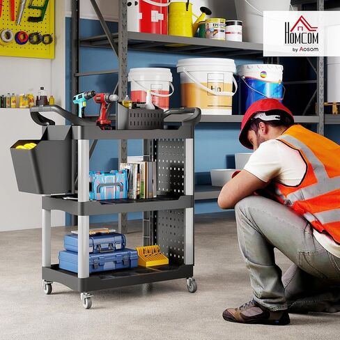 HOMCOM 3 Tier Utility Cart on Wheels, Rolling Tool Storage with Pegboards and Bucket, 200 LBS Load Capacity Plastic Service Cart for Garage, Warehouse, Workshop, Black in Saudi Arabia