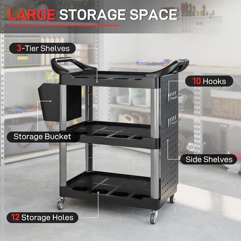HOMCOM 3 Tier Utility Cart on Wheels, Rolling Tool Storage with Pegboards and Bucket, 200 LBS Load Capacity Plastic Service Cart for Garage, Warehouse, Workshop, Black in Saudi Arabia