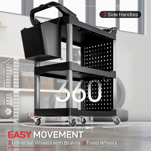HOMCOM 3 Tier Utility Cart on Wheels, Rolling Tool Storage with Pegboards and Bucket, 200 LBS Load Capacity Plastic Service Cart for Garage, Warehouse, Workshop, Black in Saudi Arabia