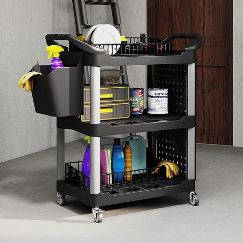 HOMCOM 3 Tier Utility Cart on Wheels, Rolling Tool Storage with Pegboards and Bucket, 200 LBS Load Capacity Plastic Service Cart for Garage, Warehouse, Workshop, Black in Saudi Arabia
