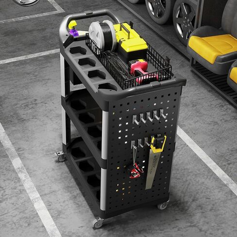 HOMCOM 3 Tier Utility Cart on Wheels, Rolling Tool Storage with Pegboards and Bucket, 200 LBS Load Capacity Plastic Service Cart for Garage, Warehouse, Workshop, Black in Saudi Arabia