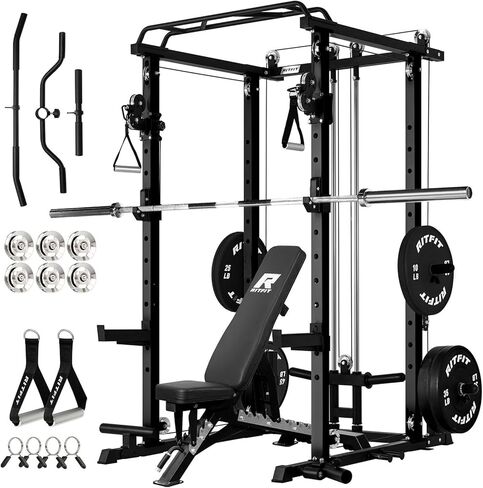 RitFit Multi-Function Garage & Home Gym Package Includes 1200LBS Power Cage PPC03/P3 with Cable Crossover System, Weight Bench, Olympic Barbell Weight Set, Full Body Workout in Saudi Arabia