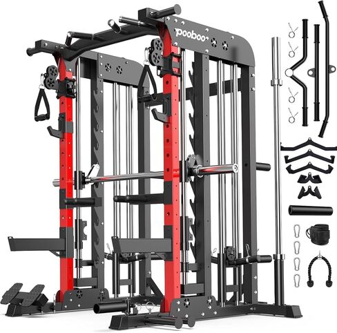 pooboo Multi-Functional Machine Power Cage, 2000LB Squat Rack, LAT-Pull Down System, Dual Pulley Cable Crossover System, Home Gym Workout Machine with Strength Training Attachments in Kuwait