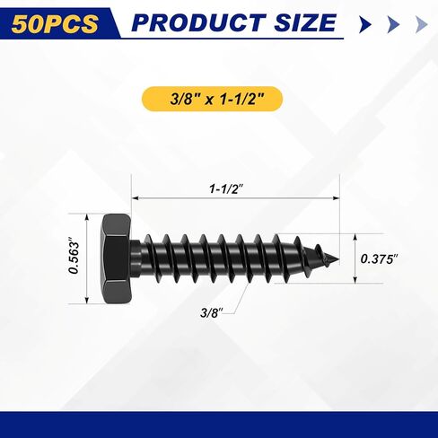 Zonon 50 Pcs 1/4" x 2" Inch Hex Lag Bolts 304 Stainless Steel Black Lag Screws 50 Screws and 50 Washers Industrial/Commercial Grade in Saudi Arabia