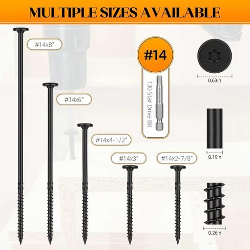 براغي Kryonix Lag #14 × 8 بوصة، 50 قطعة براغي خشبية هيكلية، براغي سطح أسود، براغي بناء خارجية شديدة التحمل، محرك ستار توركس، مع T30 بت - مقاومة للصدأ، للأخشاب/السجل/المناظر الطبيعية in Kuwait