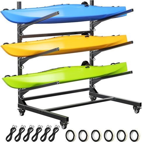 Kayak Storage Rack,Heavy Duty Kayak Stand with Wheels 3 Layer Freestanding Wall Mount Rack Adjustable Kayak Rack for Garage Dock Backyard Outdoor Storage in Kuwait