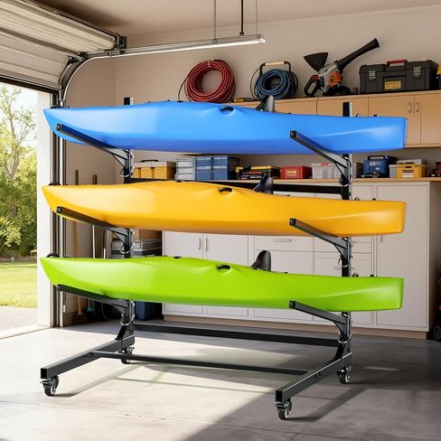 Kayak Storage Rack,Heavy Duty Kayak Stand with Wheels 3 Layer Freestanding Wall Mount Rack Adjustable Kayak Rack for Garage Dock Backyard Outdoor Storage in Kuwait