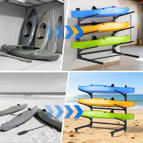 Kayak Storage Rack,Heavy Duty Kayak Stand with Wheels 3 Layer Freestanding Wall Mount Rack Adjustable Kayak Rack for Garage Dock Backyard Outdoor Storage in Kuwait