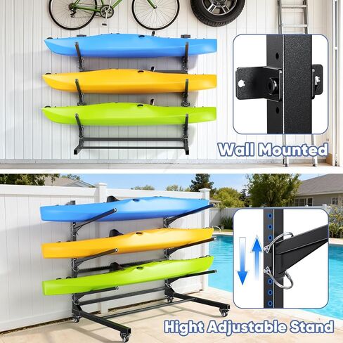 Kayak Storage Rack,Heavy Duty Kayak Stand with Wheels 3 Layer Freestanding Wall Mount Rack Adjustable Kayak Rack for Garage Dock Backyard Outdoor Storage in Kuwait