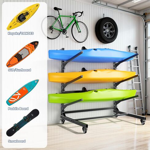 Kayak Storage Rack,Heavy Duty Kayak Stand with Wheels 3 Layer Freestanding Wall Mount Rack Adjustable Kayak Rack for Garage Dock Backyard Outdoor Storage in Kuwait
