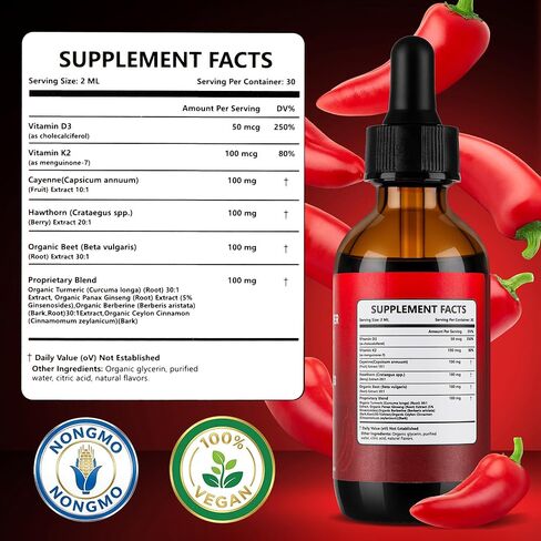 Cayenne Hawthorn Beet Turmeric Vitamin K2 + D3 Liquid Drops, 2 FL.OZ (60ml) Each, 2 Pack in Kuwait