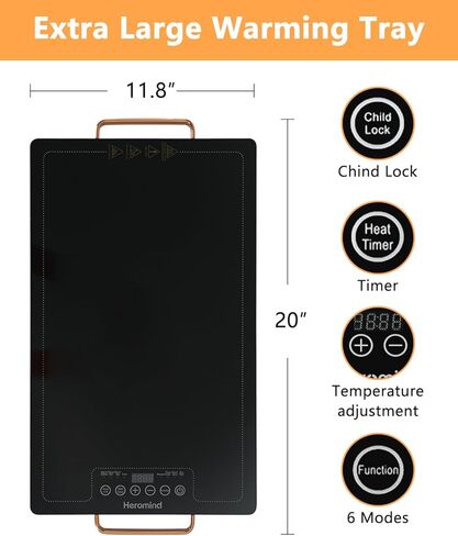 Electric Warming Tray 20" x 12", Glass-Top Full-Surface Food Warmer with Adjustable Temperature & Timer, Warming Trays for Buffets Party, Sabbath, Holiday Parties, Daily Dining in Saudi Arabia