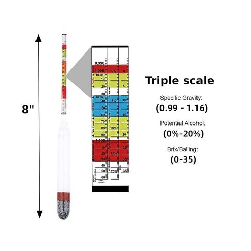 North Mountain Supply – Fermentation Test Kit – 8" Italian Glass Triple Scale Hydrometer & 100cc Extra Clear Graduated Cylinder – Combo Kit with Test Jar – Made in Italy – Lead & Mercury Free in Kuwait