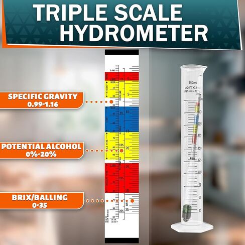 Triple-Scale Hydrometer Kit with Plastic Test Jar for Wine, Beer, Mead and Kombucha - Alcohol Tester, Hydrometer Alcohol, ABV, Brix & Gravity Tester - Brewing Supplies, Valentine Day Gift for Brewers in Saudi Arabia