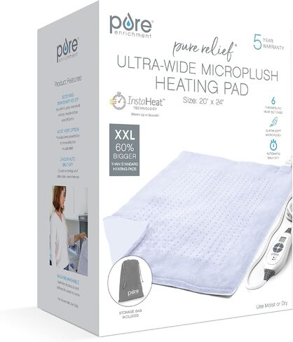 Pure Enrichment PureRelief Ultra-Wide Microplush Heating Pad - 20" x 24" XXL Size & 6 Heat Settings for Temporary Neck, Shoulder & Back Pain Relief - Moist Heat Option & Machine Washable (Periwinkle) in Kuwait