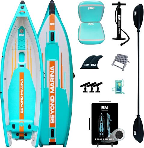 Beyond Marina 12′6″ Inflatable Kayak with Motor Bracket, 1 Person Blow Up Fishing Boat, Includes Wheeled Backpack, 3 Rod Holders & Inflatable Seat, Compatible with Pedal Drive & Rudder(Optional) in Kuwait