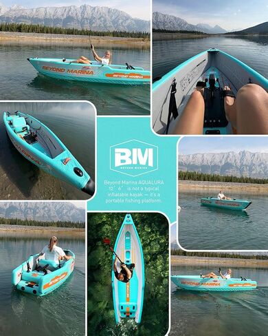 Beyond Marina 12′6″ Inflatable Kayak with Motor Bracket, 1 Person Blow Up Fishing Boat, Includes Wheeled Backpack, 3 Rod Holders & Inflatable Seat, Compatible with Pedal Drive & Rudder(Optional) in Kuwait