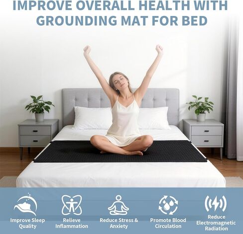 حصيرة أرضية للسرير، حصيرة أرضية موصلة لتحسين النوم، وتخفيف التوتر، وسادة أرضية مضادة للانزلاق من جلد البولي يوريثان الممتاز مع سلك أرضي، 68.58 سم × 191.44 سم، أسود، تناسب سرير بحجم كوين in Kuwait