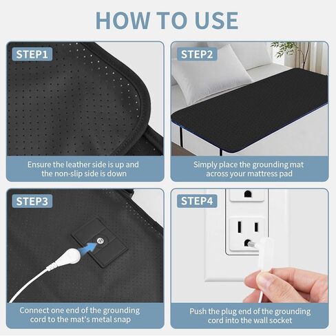 حصيرة أرضية للسرير، حصيرة أرضية موصلة لتحسين النوم، وتخفيف التوتر، وسادة أرضية مضادة للانزلاق من جلد البولي يوريثان الممتاز مع سلك أرضي، 68.58 سم × 191.44 سم، أسود، تناسب سرير بحجم كوين in Kuwait