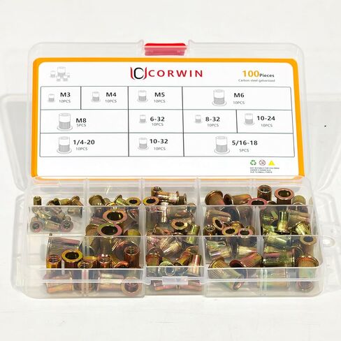 CORWIN 60611 Simple-Stroke Setting Rivet Nut Tool Kit, 12 Inch Mid-Size Complete Set with 11 Accessories, 100 Rivet Nuts in Kuwait