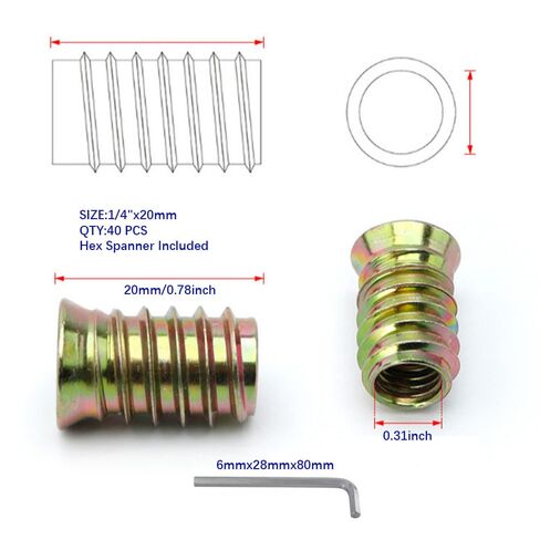 40 Pcs 1/4 "- 20 Hex Drive Threaded Inserts for Wood Metal Screws Assortment with Hex Wrench Hex Socket Drive Nut Inserts, Bolt Fastener Connector Wood Embellishments for Furniture in Kuwait