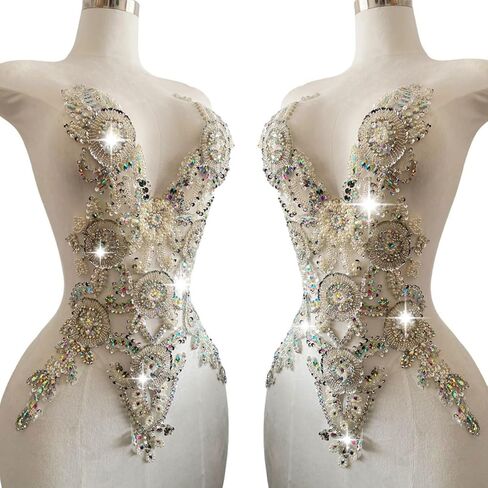 Pure Handmade Bodice lace Rhinestones Applique Sewing Stones Beads Crystal Trimming Patches Accessories for Girl Weding Dress Decorations 12.5X21inches (Violet) in Kuwait