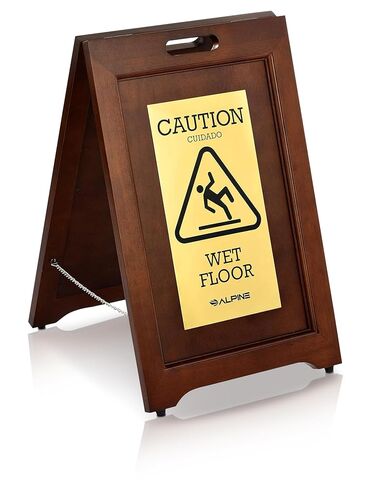 Wooden Caution Wet Floor Sign Slippery A-Frame with Bold Bilingual Safety Message, High-Grade Wood Finish, Brass-Plated for Restaurants, Offices, Hospitality & Retail Centers By Alpine Industries in Saudi Arabia