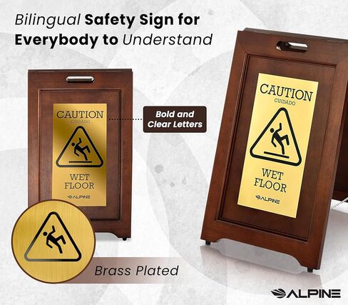 Wooden Caution Wet Floor Sign Slippery A-Frame with Bold Bilingual Safety Message, High-Grade Wood Finish, Brass-Plated for Restaurants, Offices, Hospitality & Retail Centers By Alpine Industries in Saudi Arabia