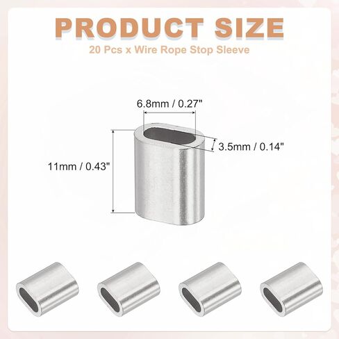 uxcell 1/8"(3mm) Wire Rope Stop Sleeve, 304 Stainless Steel Cable Wire Rope Crimping Loops Sleeve Ferrules for Cable Ferrule, Silver 20Pcs in Saudi Arabia