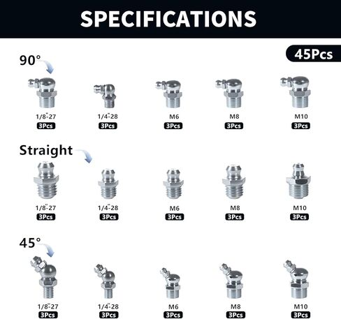 15Sizes Grease Fitting Assortment SAE and Metric Zerk Grease Fittings Kit 1/4 1/8 M6 M8 M10 Straight 45 90 Degree Zerks Nipples (Pack of 45Pcs) in Saudi Arabia