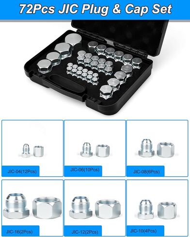 JIC طقم التوصيل والغطاء، 72 قطعة 37 درجة غطاء خيط متوهج ومجموعة متنوعة من المكونات، أنبوب خرطوم هيدروليكي وتجهيزات الأنابيب مجموعة حماية نهاية لإصلاح المعدات الصناعية، الحجم 4 6 8 10 12 16 in Kuwait