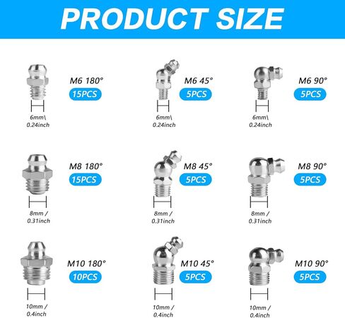 70 Pcs Metric Grease Fittings Assortment, M6 M8 M10 Metric Hydraulic Zerk Grease Fitting Assortment Kit, 90 Degree, 45 Degree, and Straight Angle Zerk Fittings for Automotive, Tractors, Mechanical in Saudi Arabia