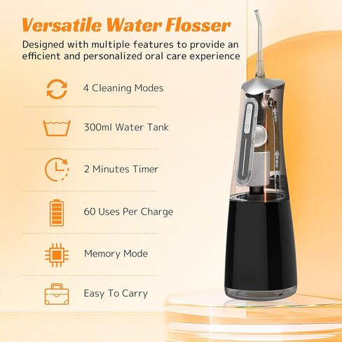 Water Dental Flosser Cordless Oral Irrigator with 300ml 5 Tips 4 Modes USBCharger Portable Travle Irrigation Cleaner IPX7 Electric Irrigador Dental for Teeth Cleaning (Black) in Saudi Arabia
