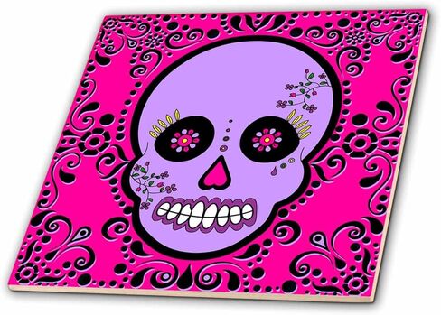 3dRose ct_28869_1 يوم الموتى جمجمة Dia De Los Muertos Sugar Skull أرجواني وردي أسود تصميم ملتف - بلاط سيراميك، 10.16 سم in Kuwait