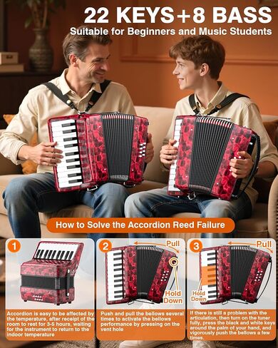 PYY 22-Key Piano Accordion - 22 key 8 Bass Accordeon Musical Instrument, Easy Learning, Premium Maple Wood, Backpack for Beginners Students Adults & Acordeones para Adultos w/Straps in Saudi Arabia