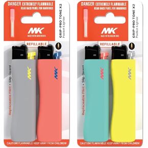 MK Lighter 9G Flint Strike Refillable Lighters with 2 Replace Flints and 1 Premium Butane, Ideal to use as Candle Lighters, Classic Pocket Lighters, Random Colors (Tone-4PC+Butane) in Kuwait