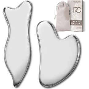 مجموعة غوا شا من الفولاذ المقاوم للصدأ من رينا كريس، أداة غواشا لتدليك الوجه والجسم، أدوات تدليك غوا شا والوخز بالإبر لنحت الفك وانتفاخ العين وتخفيف العضلات (عبوتان) in Kuwait