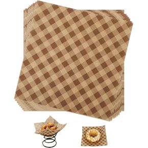 100pcs Waxed Deli Paper Sheets, 7.1x7.1 in Greaseproof Food Basket Liners Squares Checkered Sandwich & Burger Wraps Tray Parchment Liners for Serving Food Picnics Restaurants (Brown) in Kuwait