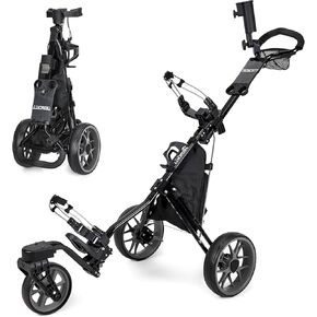 360 Golf Pull Cart: Lightweight Folding Swivel 3 Wheels Golf Caddy with Foot Brake, Cooler Bag, Drink& Umbrella Holder in Kuwait