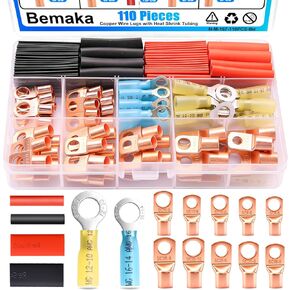 110Pcs Copper Wire Lugs Kit, Battery Terminal Connectors AWG 2 4 6 8 10 12 14 16 Gauge Heavy Duty Battery Cable Ends Ring Terminal Wire Connectors Kit with Heat Shrink Tubing in Kuwait