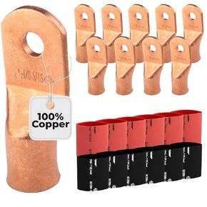 SELTERM 10 قطع - 4/0 Awg - 5/16 بوصة - عروات البطارية - موصلات طرفية حلقية | مع 12 قطعة 3: 1 أنابيب الانكماش الحراري باللونين الأسود والأحمر مع مادة لاصقة | نهايات كابلات البطارية شديدة التحمل - مجموعة عروات الأسلاك النحاسية العارية in Kuwait