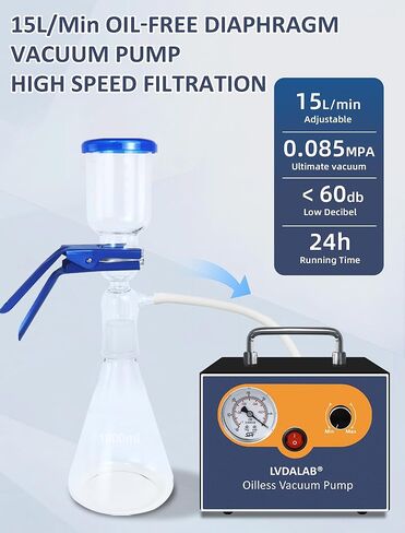 Adjustable Lab Vacuum Pump, LVDALAB 15L/Min Oil-Free Diaphragm Vacuum Pump, Oilless Filtration Vacuum Pumps with 2 Silicone Hoses, Low Noise, Portable Design,110V-220V in Kuwait