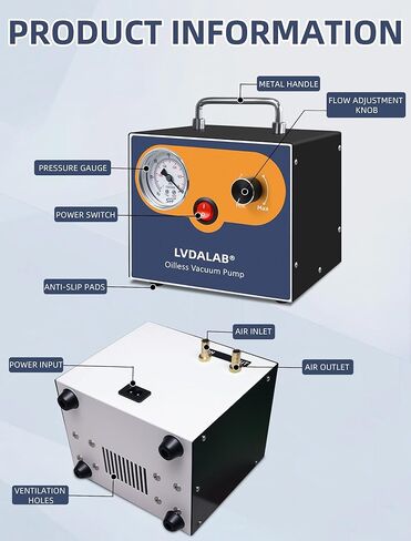 Adjustable Lab Vacuum Pump, LVDALAB 15L/Min Oil-Free Diaphragm Vacuum Pump, Oilless Filtration Vacuum Pumps with 2 Silicone Hoses, Low Noise, Portable Design,110V-220V in Kuwait