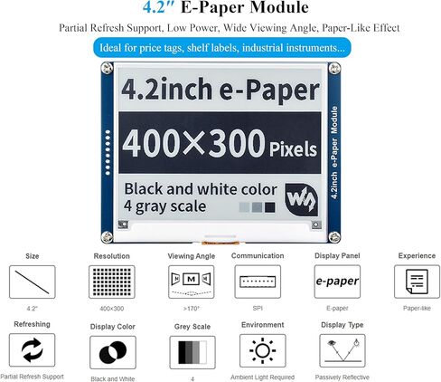 شاشة حبر إلكتروني لوحدة الورق الإلكتروني مقاس 4.2 بوصة متوافقة مع Raspberry Pi 5/4B/3B+/Zero/Zero W/Zero 2W/Pico/Pico W/Pico 2/Pico 2W، 400x300 بكسل، واجهة SPI باللون الأسود/الأبيض، تدعم التحديث الجزئي in Saudi Arabia