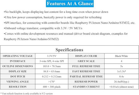 شاشة حبر إلكتروني لوحدة الورق الإلكتروني مقاس 4.2 بوصة متوافقة مع Raspberry Pi 5/4B/3B+/Zero/Zero W/Zero 2W/Pico/Pico W/Pico 2/Pico 2W، 400x300 بكسل، واجهة SPI باللون الأسود/الأبيض، تدعم التحديث الجزئي in Saudi Arabia
