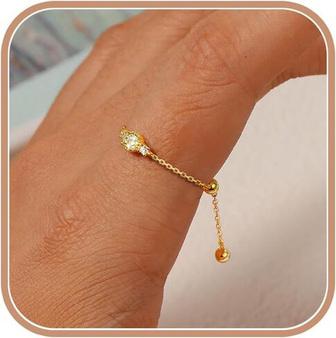 CZ Link Chain Ring for Women, 925 Sterling Silver Adjustable Band Birthstone Stacking Tassel Dangling Statement Rings with Dangle Beaded Ball Dainty Promise Chain Ring Xmas Wedding Jewelry Gifts in Kuwait